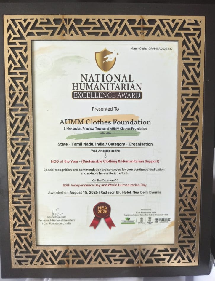 National Humanitarian Excellence Award Certificate presented to AUMM Clothes Foundation